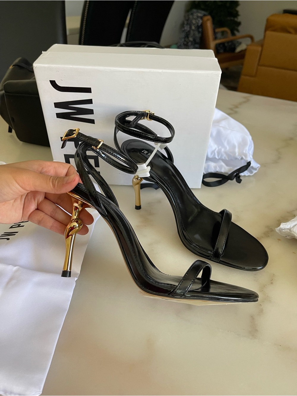 JW PEI Black Patent Ankle-Strap Sandals with Gold Sculpted Heel